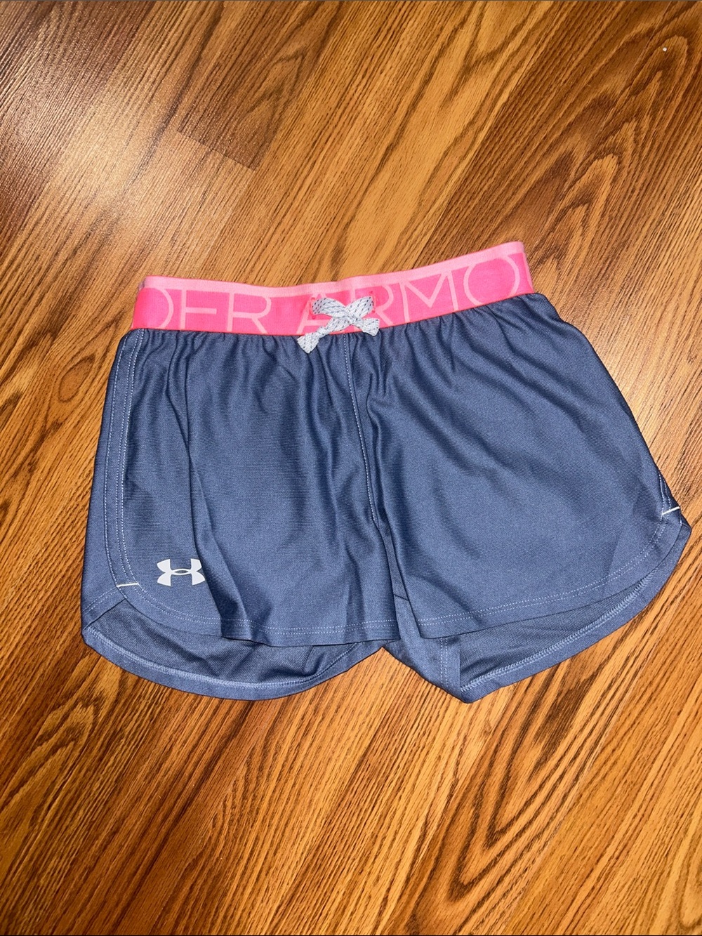 Under Armour Gray Shorts with Pink Logo Waistband, youth medium